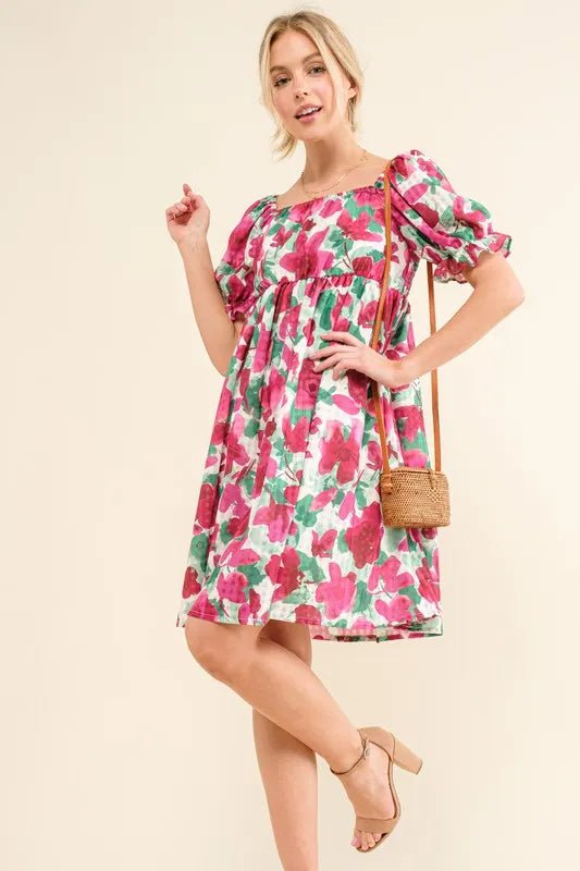 And the Why - Fuchsia Floral Puff Sleeve Babydoll Mini Dress