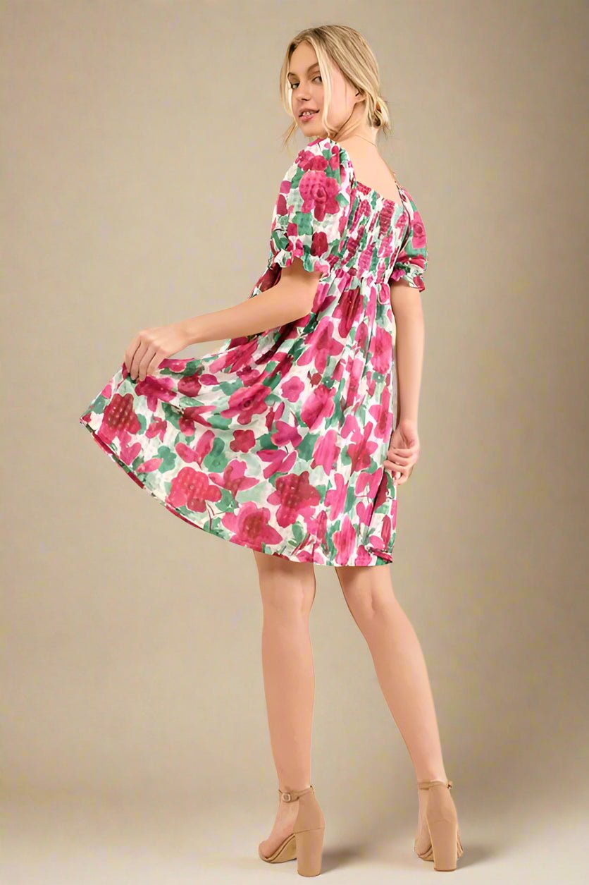 And the Why - Fuchsia Floral Puff Sleeve Babydoll Mini Dress