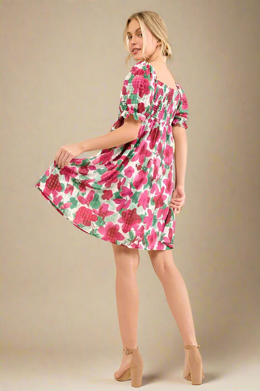 And the Why - Fuchsia Floral Puff Sleeve Babydoll Mini Dress