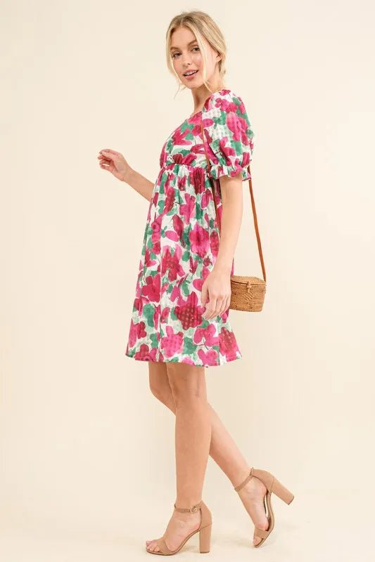 And the Why - Fuchsia Floral Puff Sleeve Babydoll Mini Dress