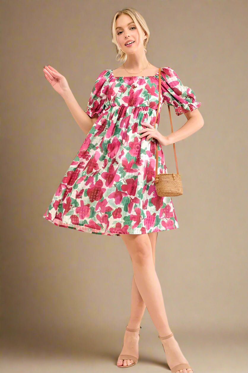 And the Why - Fuchsia Floral Puff Sleeve Babydoll Mini Dress