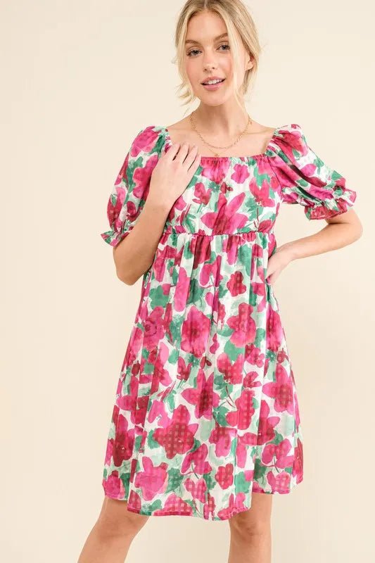 And the Why - Fuchsia Floral Puff Sleeve Babydoll Mini Dress