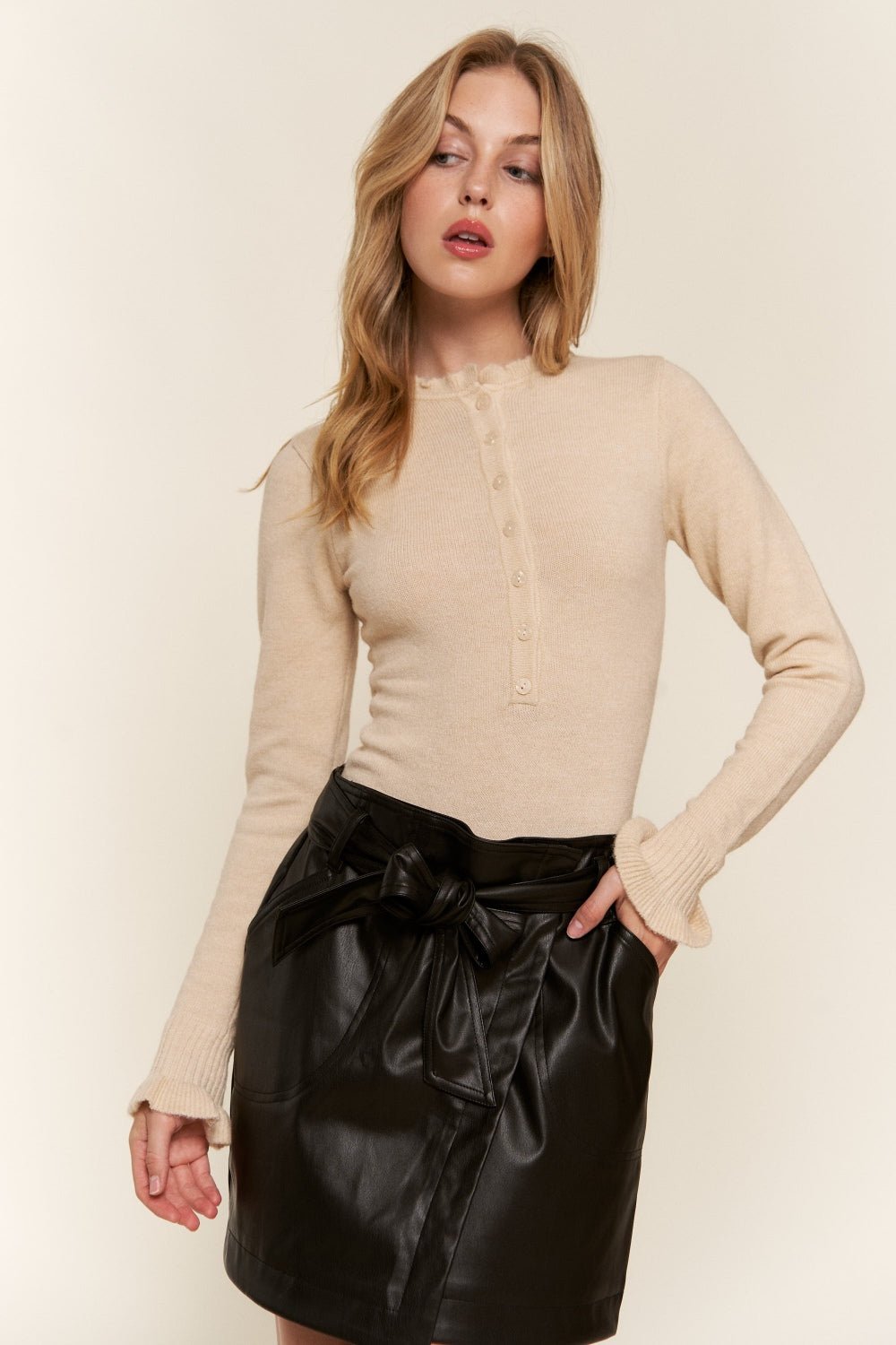 And the Why - Half Button Long Sleeve Bodysuit in Beige