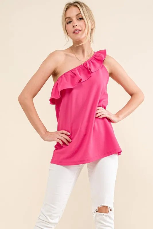 And the Why - Hot Pink One - Shoulder Ruffle Top
