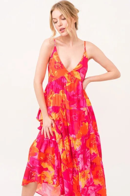 And the Why - Hot Pink & Orange Tropical Floral Maxi Dress