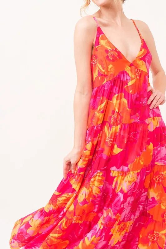 And the Why - Hot Pink & Orange Tropical Floral Maxi Dress