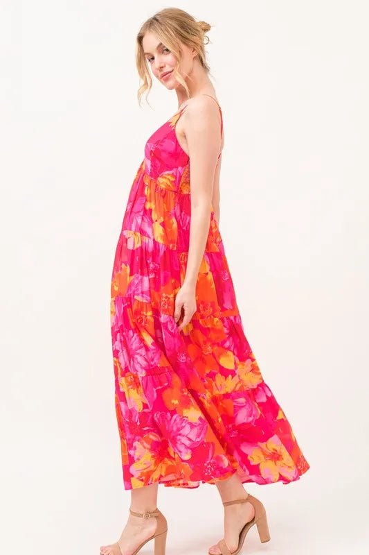 And the Why - Hot Pink & Orange Tropical Floral Maxi Dress