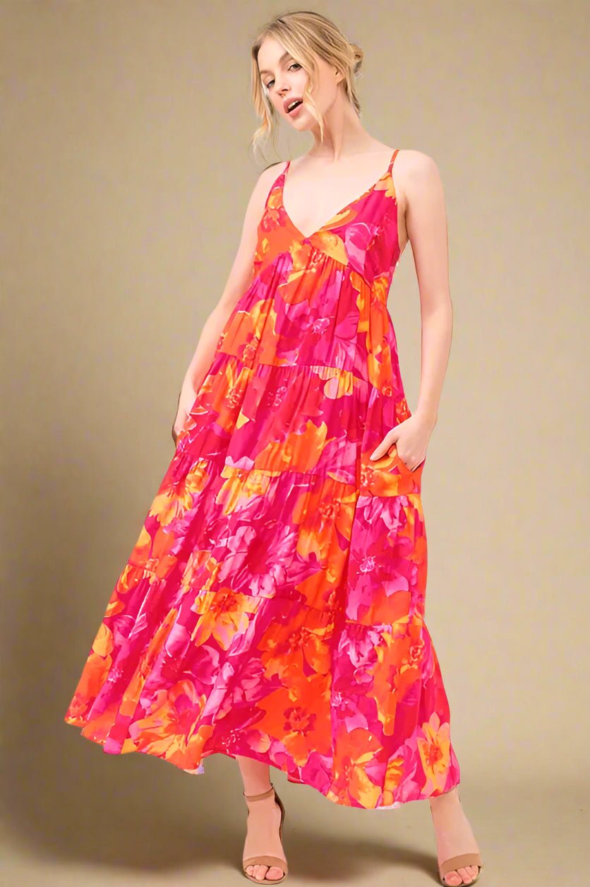 And the Why - Hot Pink & Orange Tropical Floral Maxi Dress