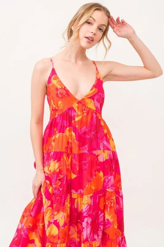 And the Why - Hot Pink & Orange Tropical Floral Maxi Dress