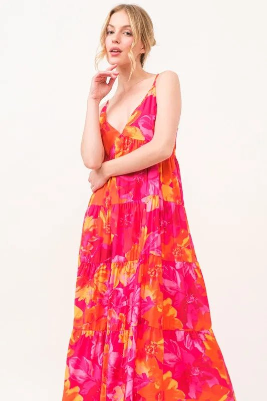 And the Why - Hot Pink & Orange Tropical Floral Maxi Dress