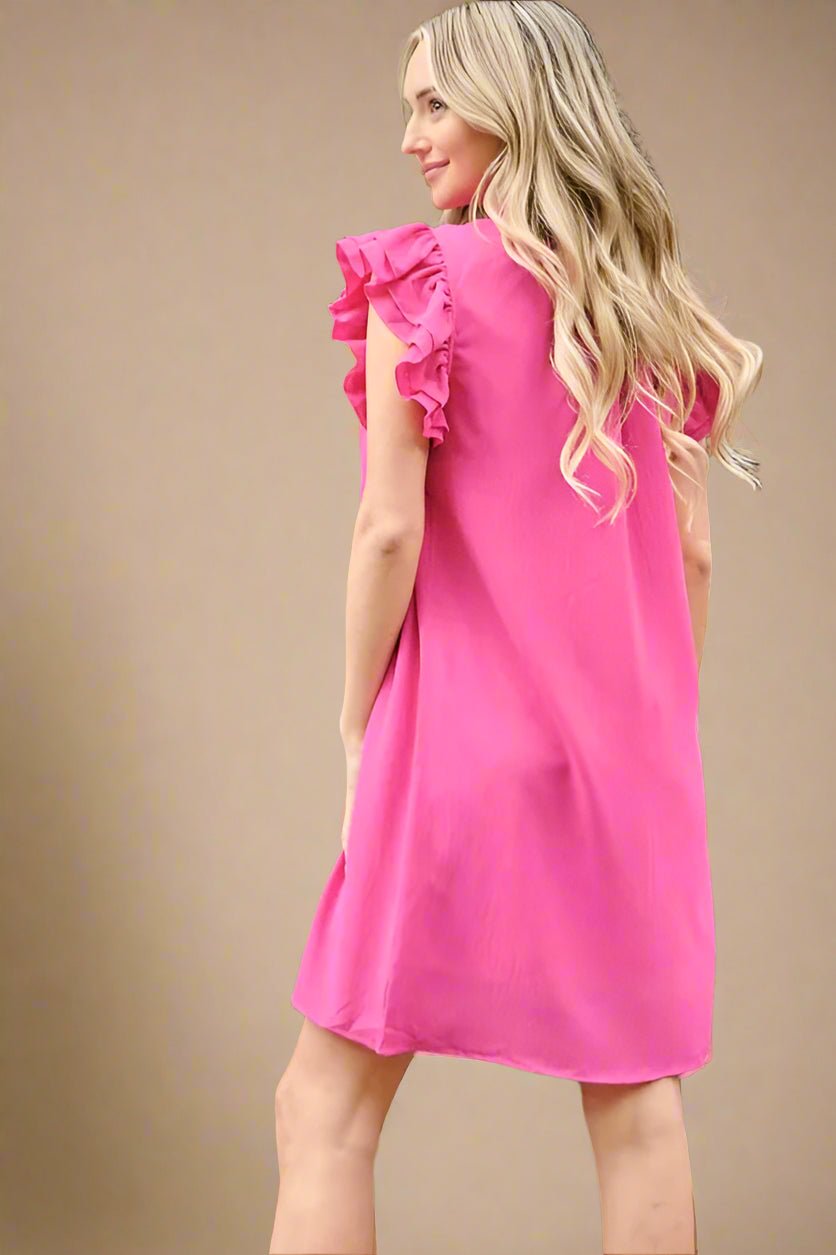 And the Why - Hot Pink Smocked Ruffle Sleeve Keyhole Mini Dress
