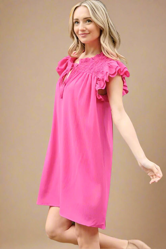 And the Why - Hot Pink Smocked Ruffle Sleeve Keyhole Mini Dress