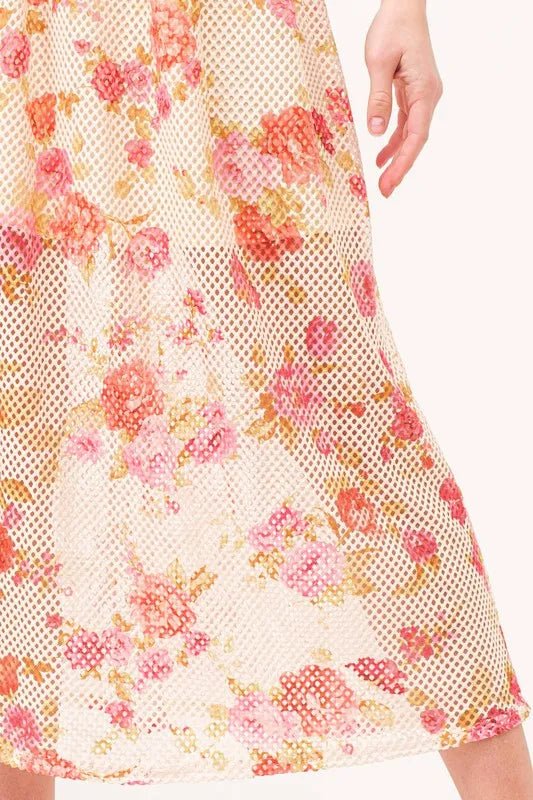 And the Why - Ivory Mesh Midi Dress with Peach Floral Print