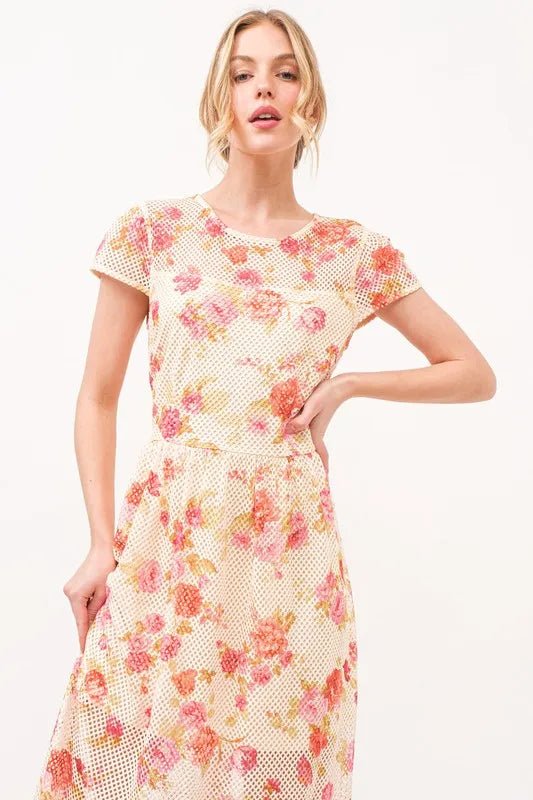 And the Why - Ivory Mesh Midi Dress with Peach Floral Print