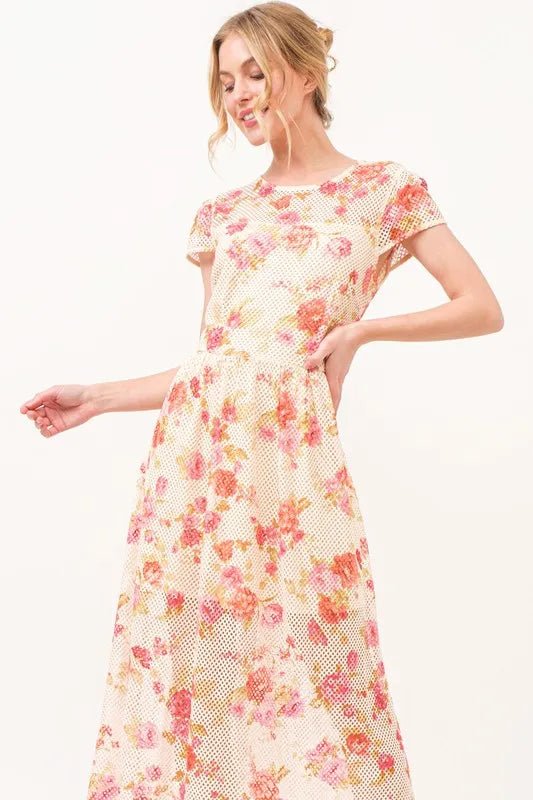 And the Why - Ivory Mesh Midi Dress with Peach Floral Print