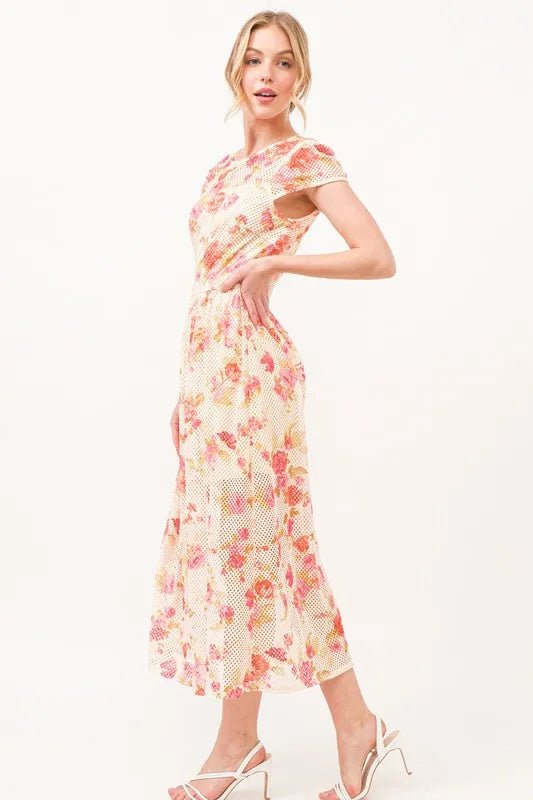 And the Why - Ivory Mesh Midi Dress with Peach Floral Print