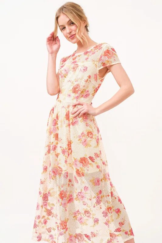 And the Why - Ivory Mesh Midi Dress with Peach Floral Print