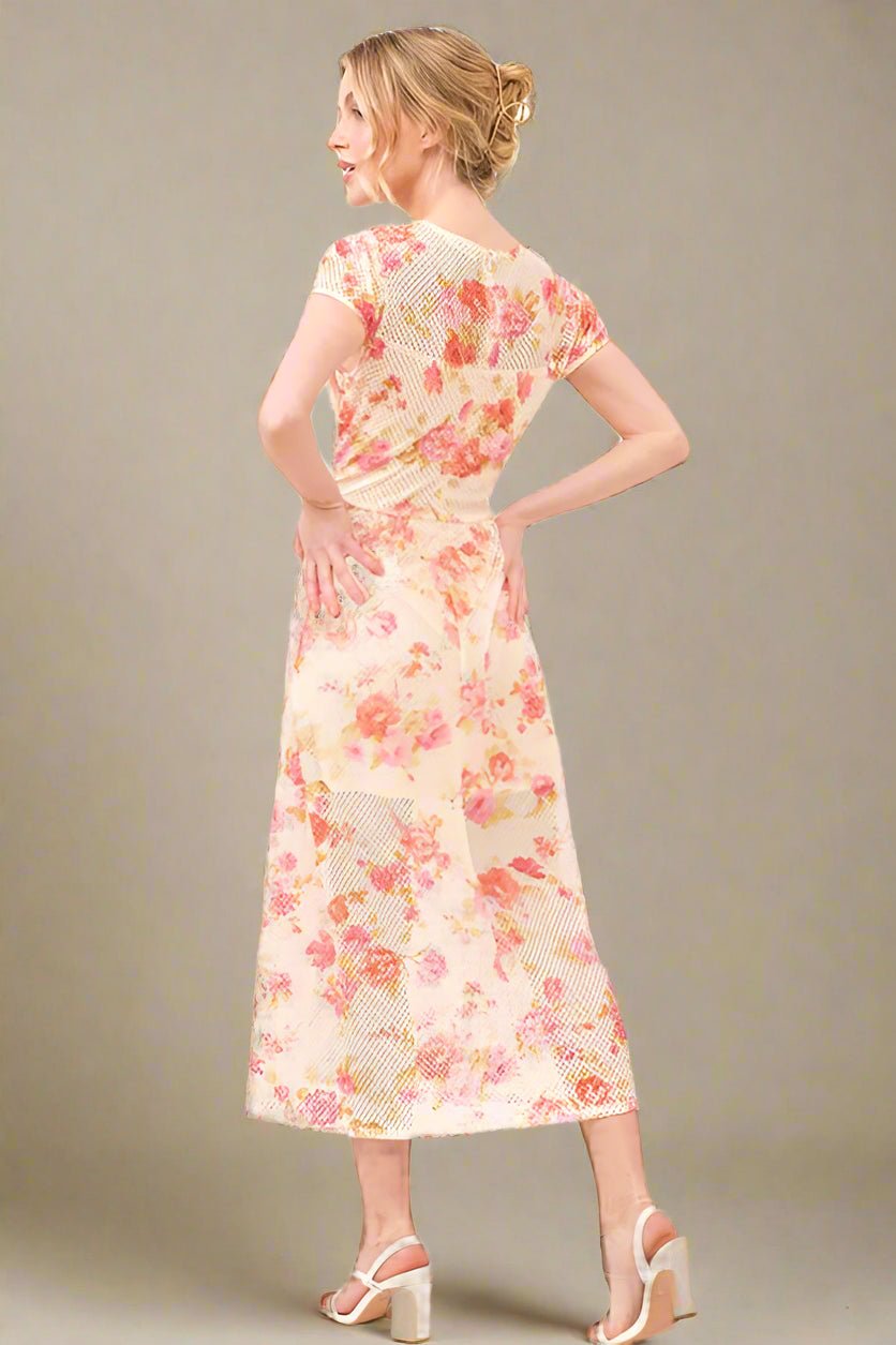 And the Why - Ivory Mesh Midi Dress with Peach Floral Print