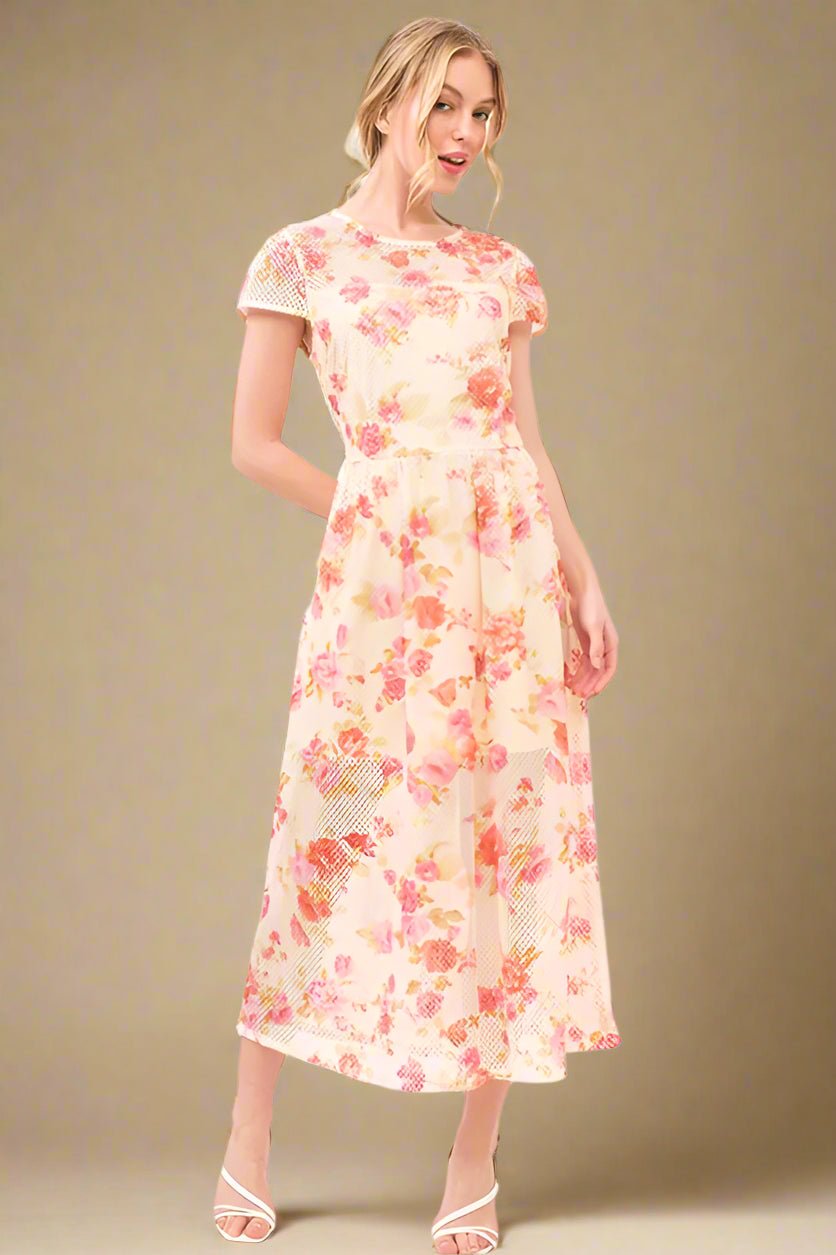 And the Why - Ivory Mesh Midi Dress with Peach Floral Print