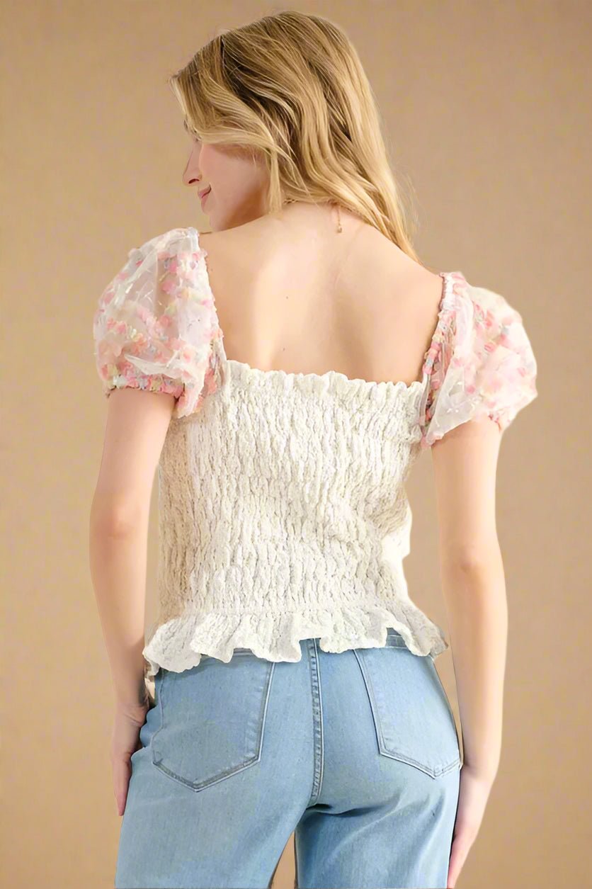 And the Why - Ivory Smocked Top with Embroidered Mesh Puff Sleeves