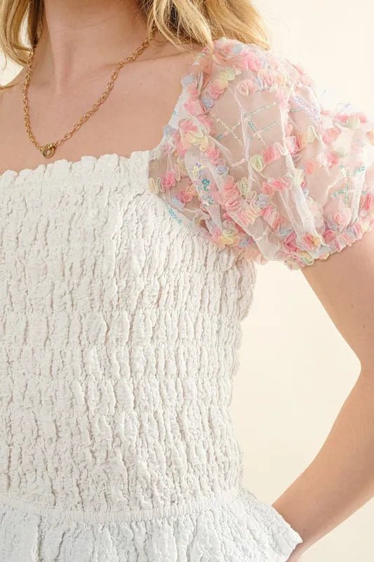 And the Why - Ivory Smocked Top with Embroidered Mesh Puff Sleeves