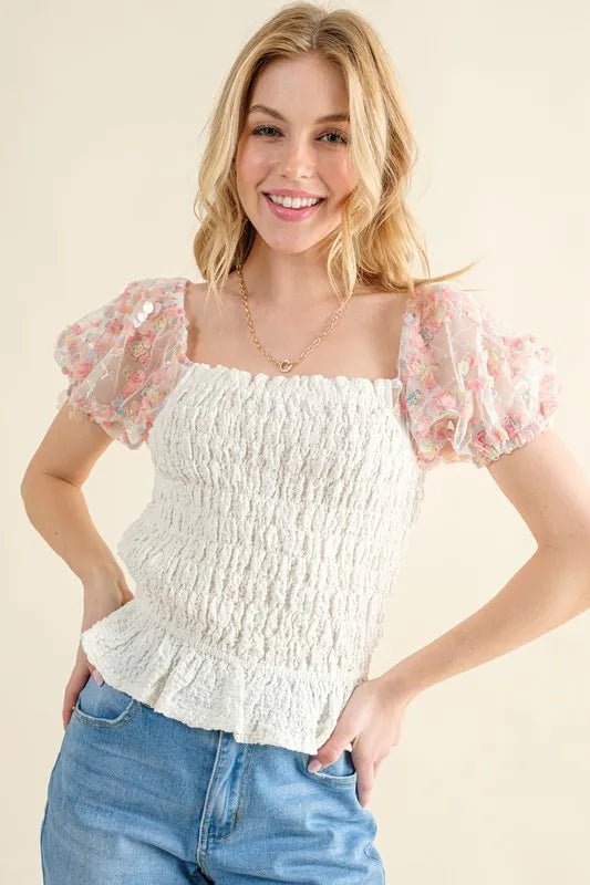 And the Why - Ivory Smocked Top with Embroidered Mesh Puff Sleeves