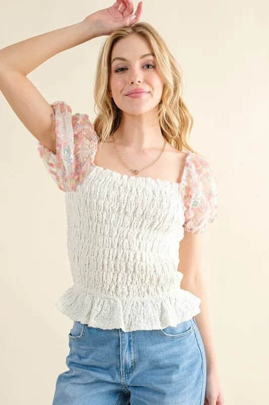 And the Why - Ivory Smocked Top with Embroidered Mesh Puff Sleeves