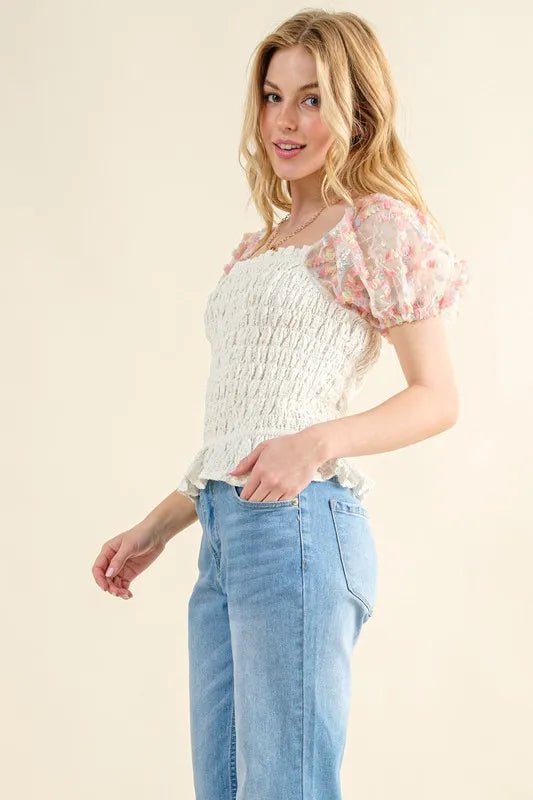 And the Why - Ivory Smocked Top with Embroidered Mesh Puff Sleeves