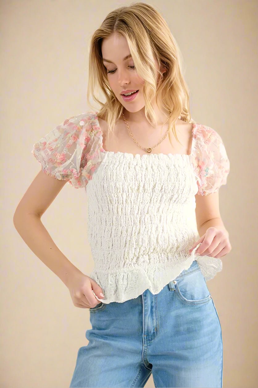 And the Why - Ivory Smocked Top with Embroidered Mesh Puff Sleeves