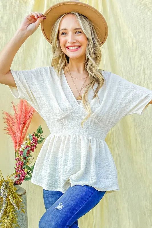 And the Why - Ivory Textured Babydoll Peplum Top