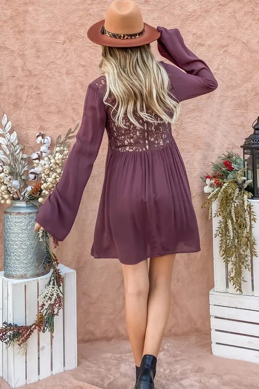 And the Why - Lace - Back Bell Sleeve Mini Dress – Plum Wine