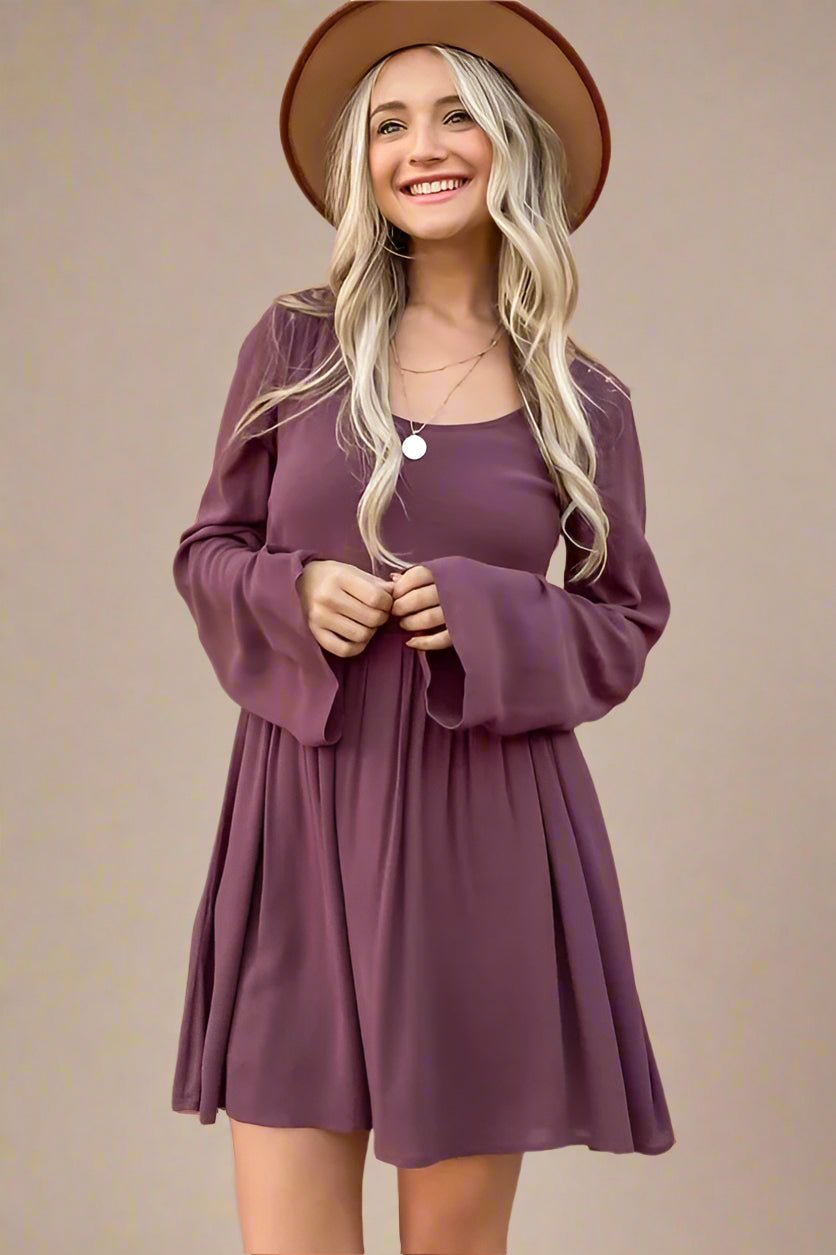 And the Why - Lace - Back Bell Sleeve Mini Dress – Plum Wine