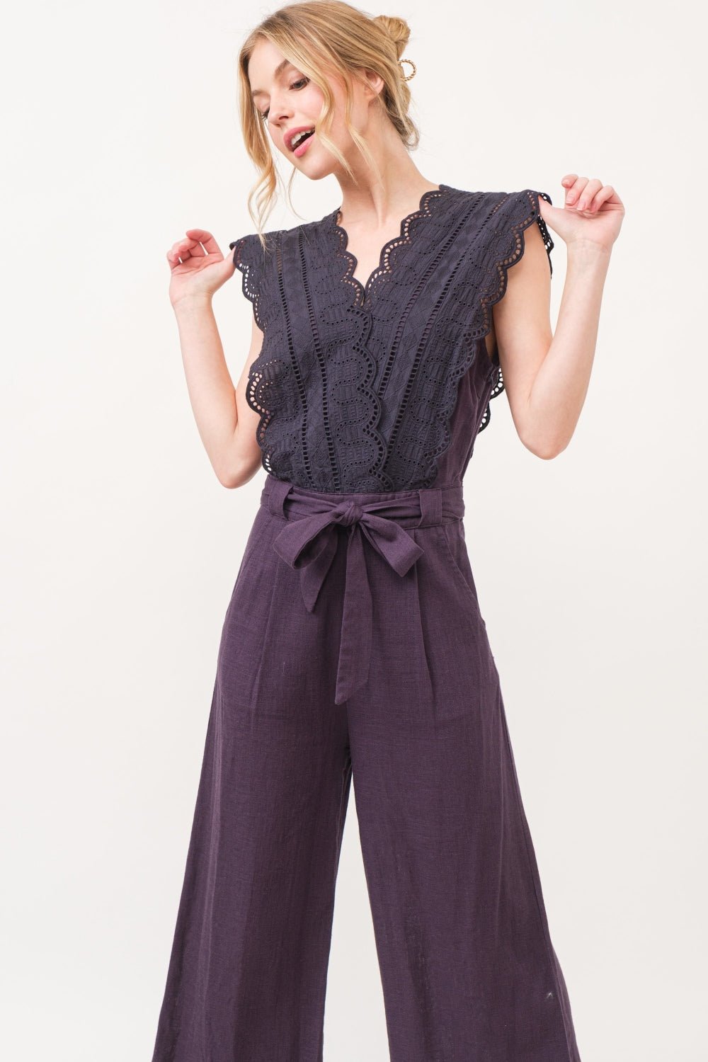 And the Why - Lace Surplice Tie Waist Jumpsuit in Purple