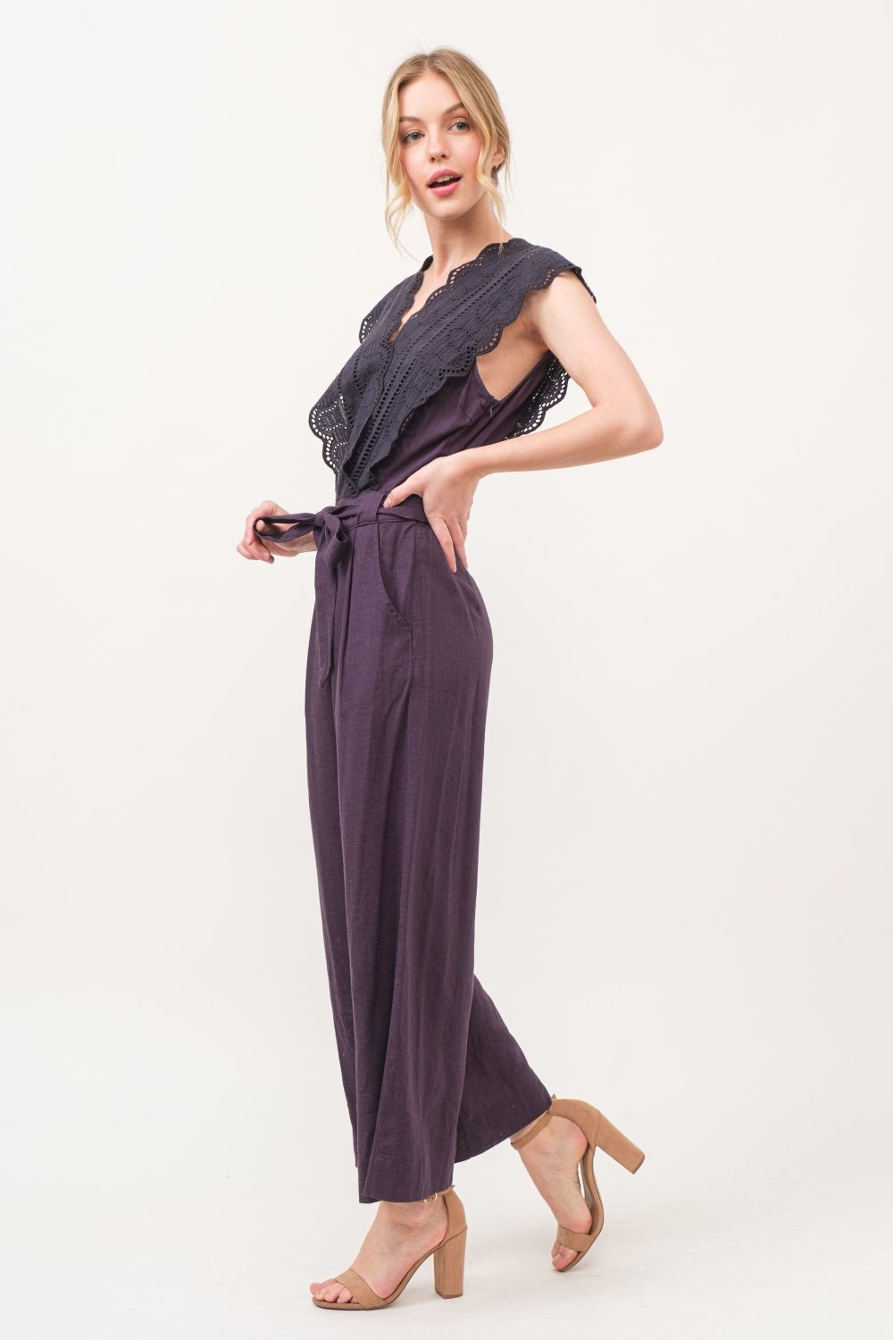 And the Why - Lace Surplice Tie Waist Jumpsuit in Purple