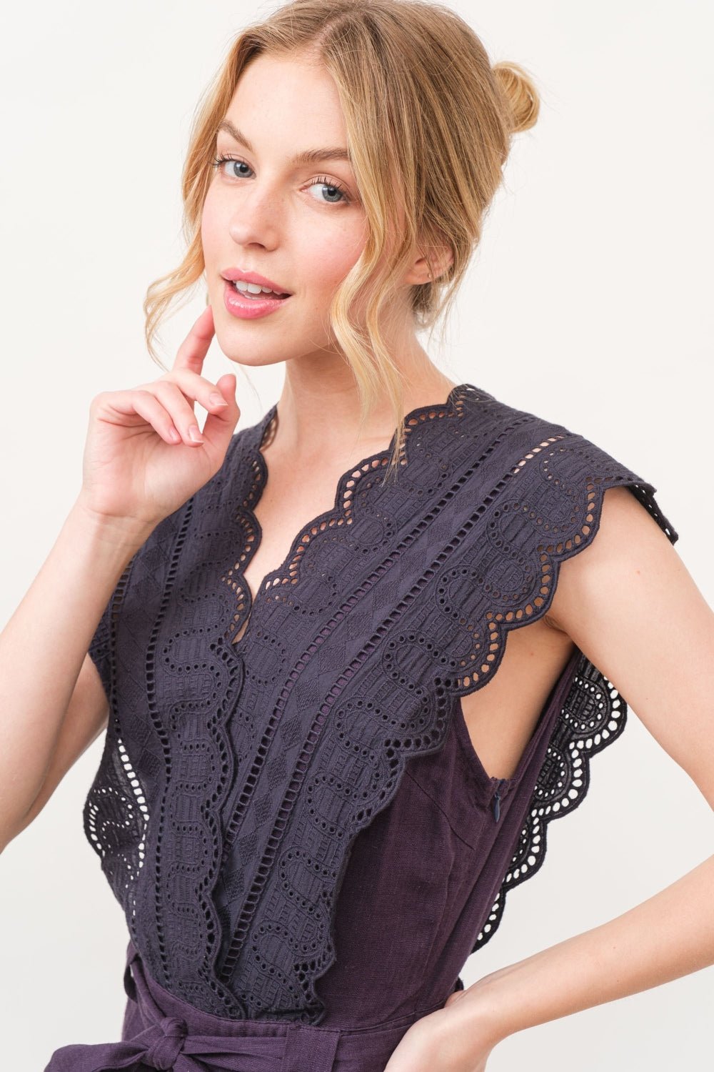 And the Why - Lace Surplice Tie Waist Jumpsuit in Purple