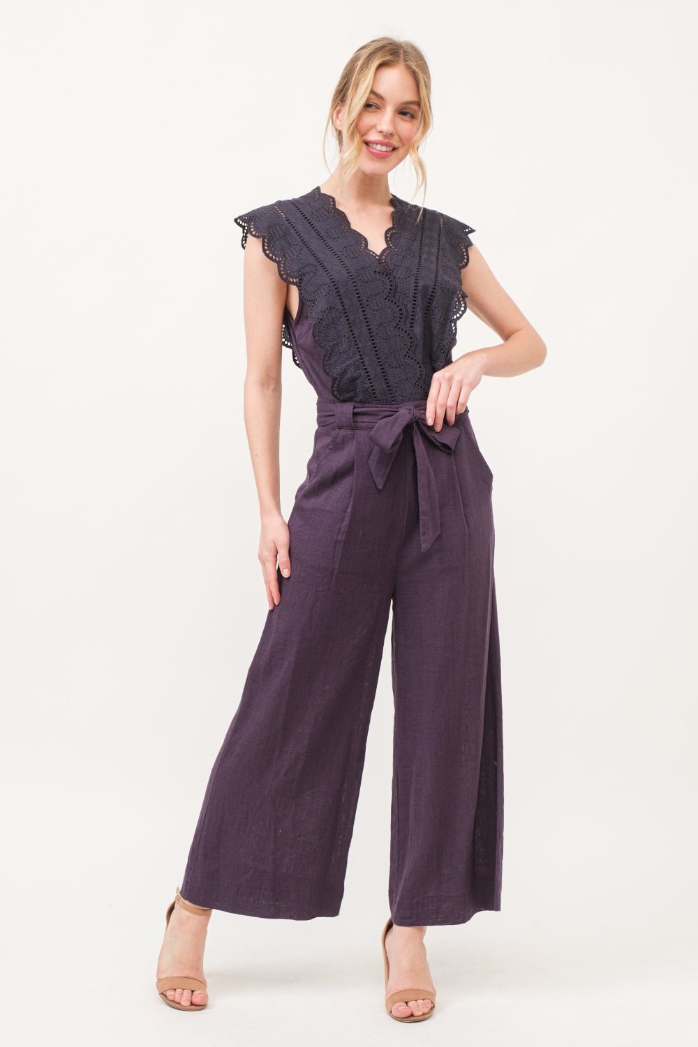 And the Why - Lace Surplice Tie Waist Jumpsuit in Purple