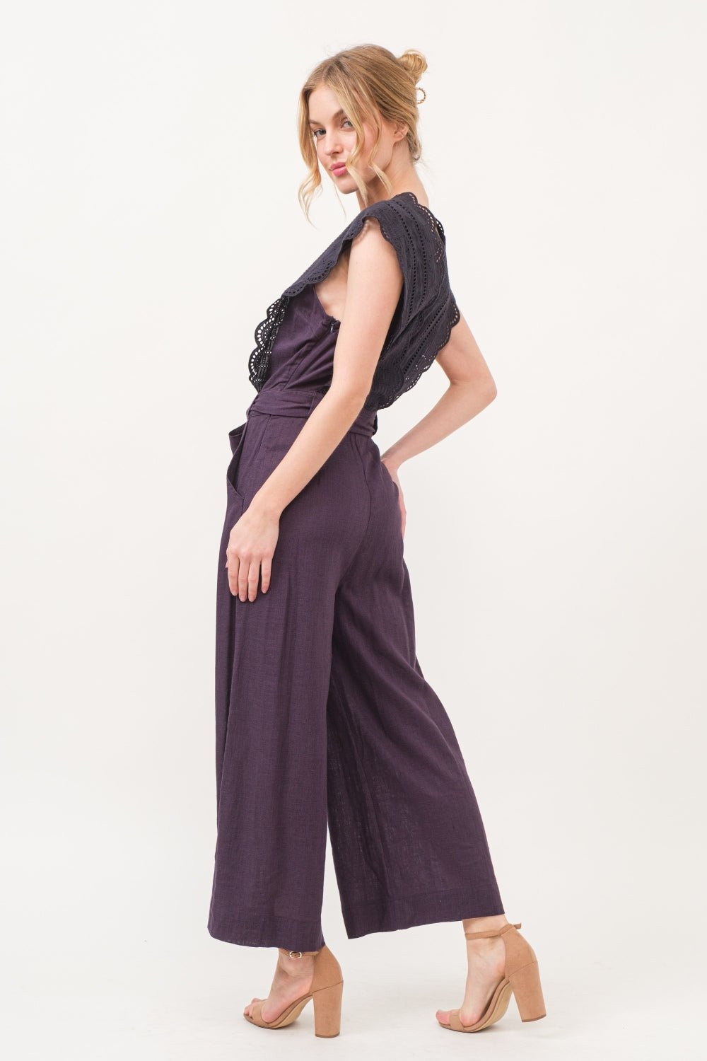 And the Why - Lace Surplice Tie Waist Jumpsuit in Purple