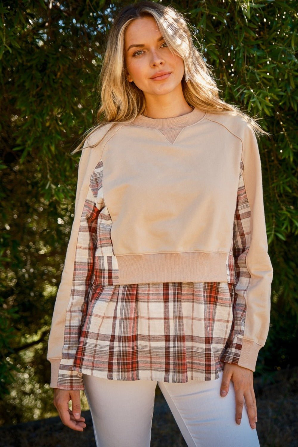 And the Why - Layered Plaid Contrast Sweatshirt in Taupe