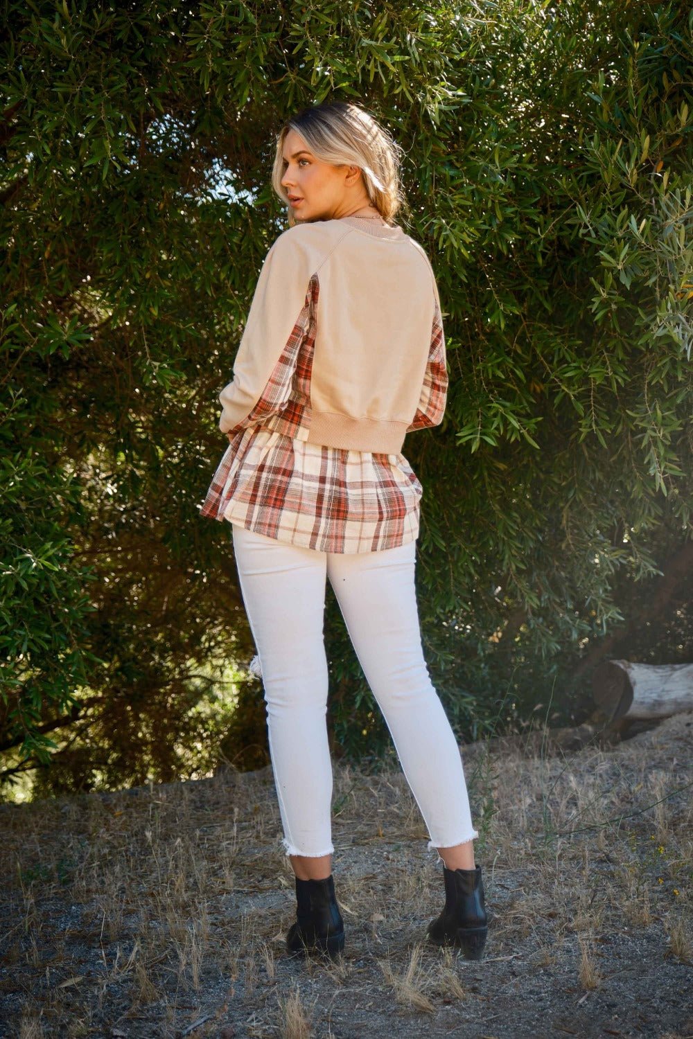 And the Why - Layered Plaid Contrast Sweatshirt in Taupe