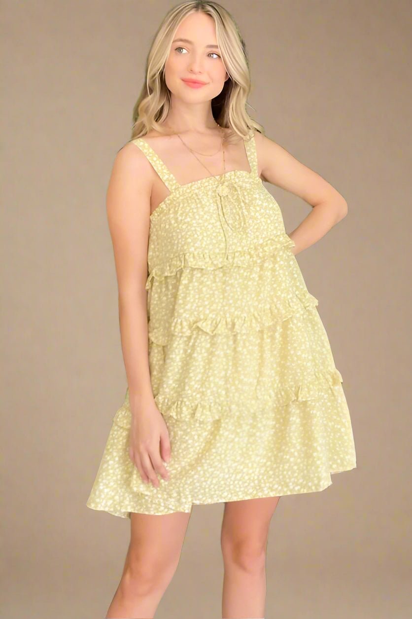 And the Why - Lemon Yellow Tiered Ruffle Mini Dress with Ditsy Floral Print