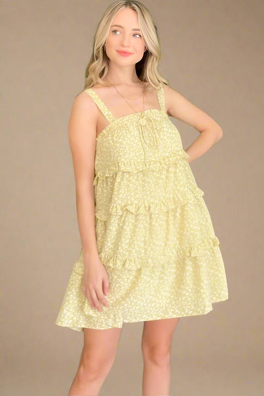 And the Why - Lemon Yellow Tiered Ruffle Mini Dress with Ditsy Floral Print