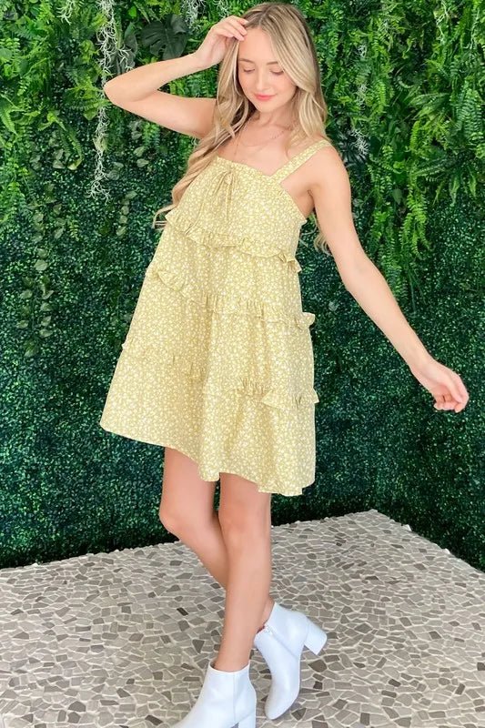 And the Why - Lemon Yellow Tiered Ruffle Mini Dress with Ditsy Floral Print