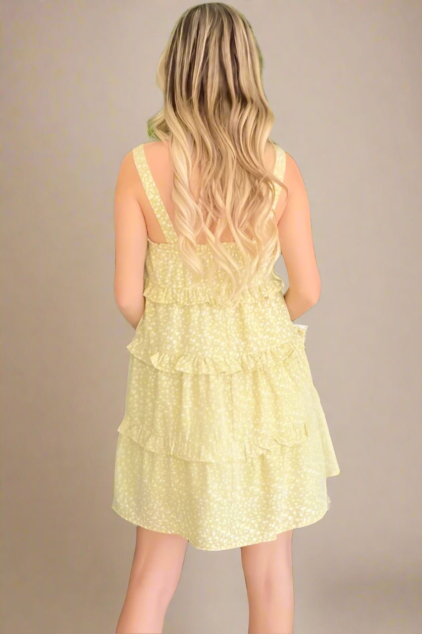 And the Why - Lemon Yellow Tiered Ruffle Mini Dress with Ditsy Floral Print