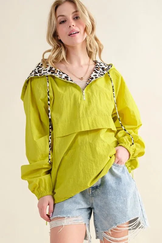 And the Why - Leopard Lined Windbreaker Pullover – Lime Green