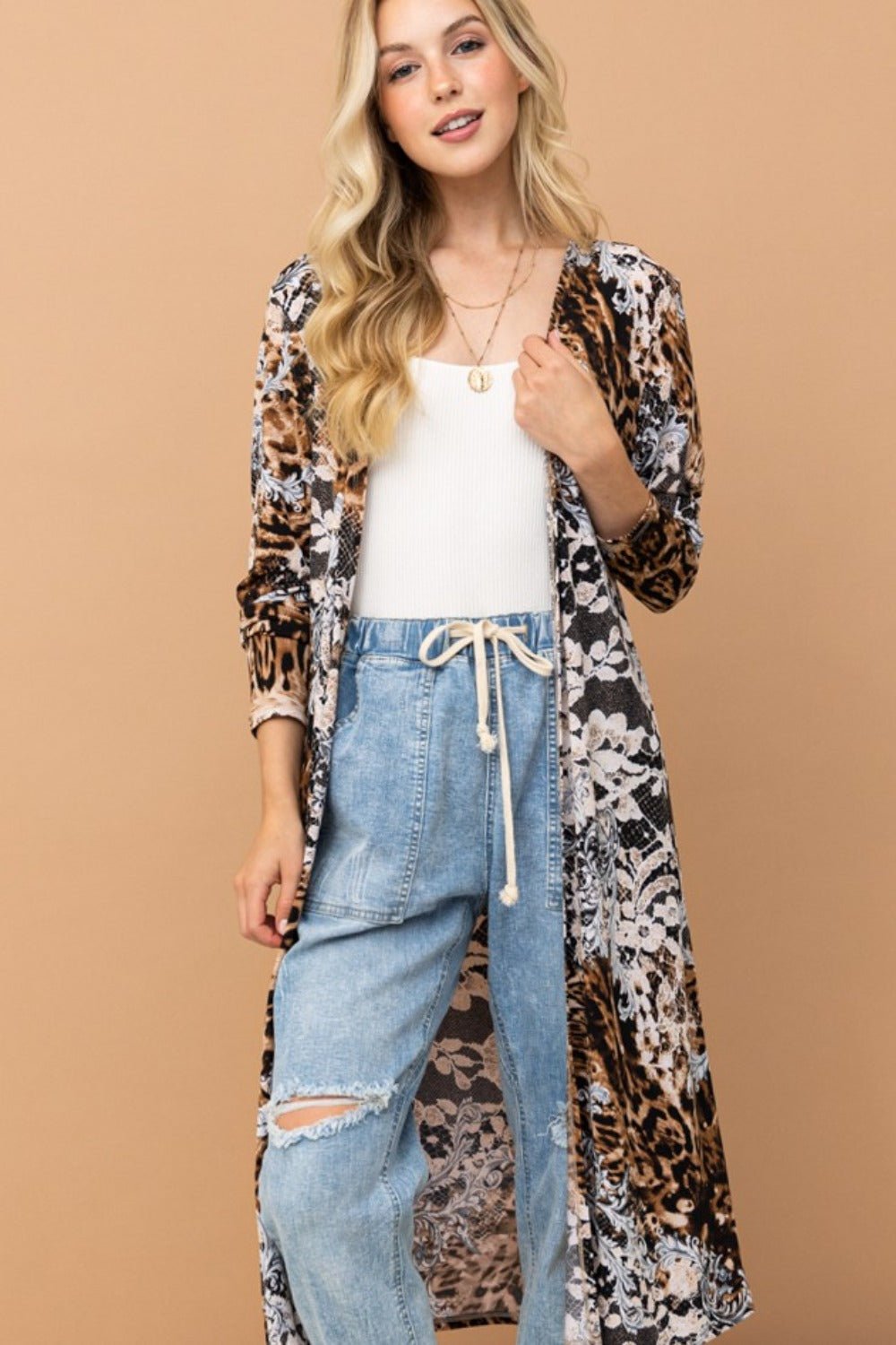 And the Why - Leopard Print Open Front Longline Cardigan Kimono