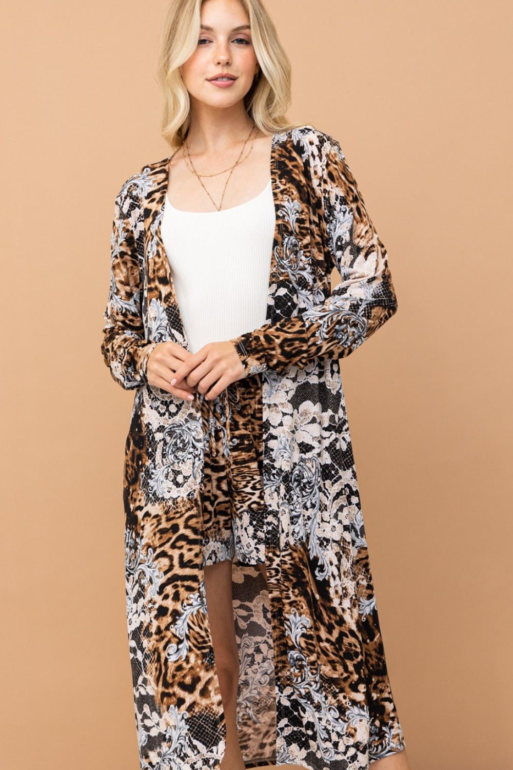 And the Why - Leopard Print Open Front Longline Cardigan Kimono