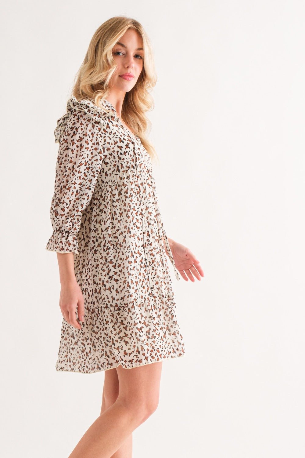 And the Why - Leopard Print Ruffle Hem Woven Mini Dress in Ivory