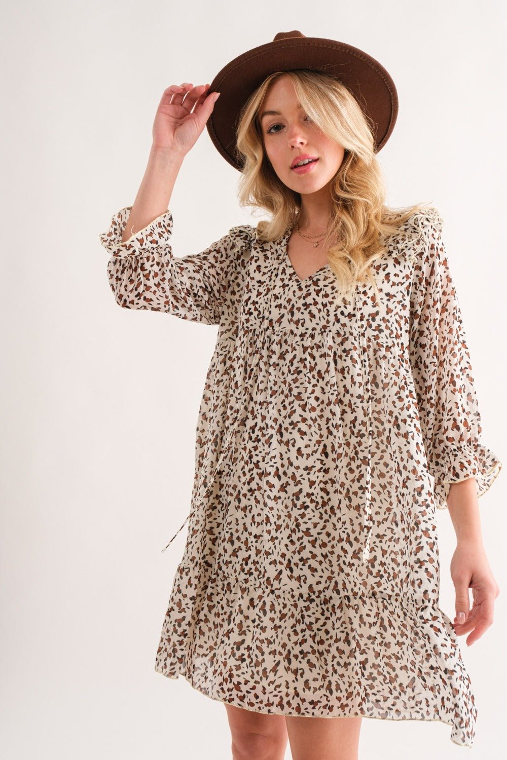 And the Why - Leopard Print Ruffle Hem Woven Mini Dress in Ivory