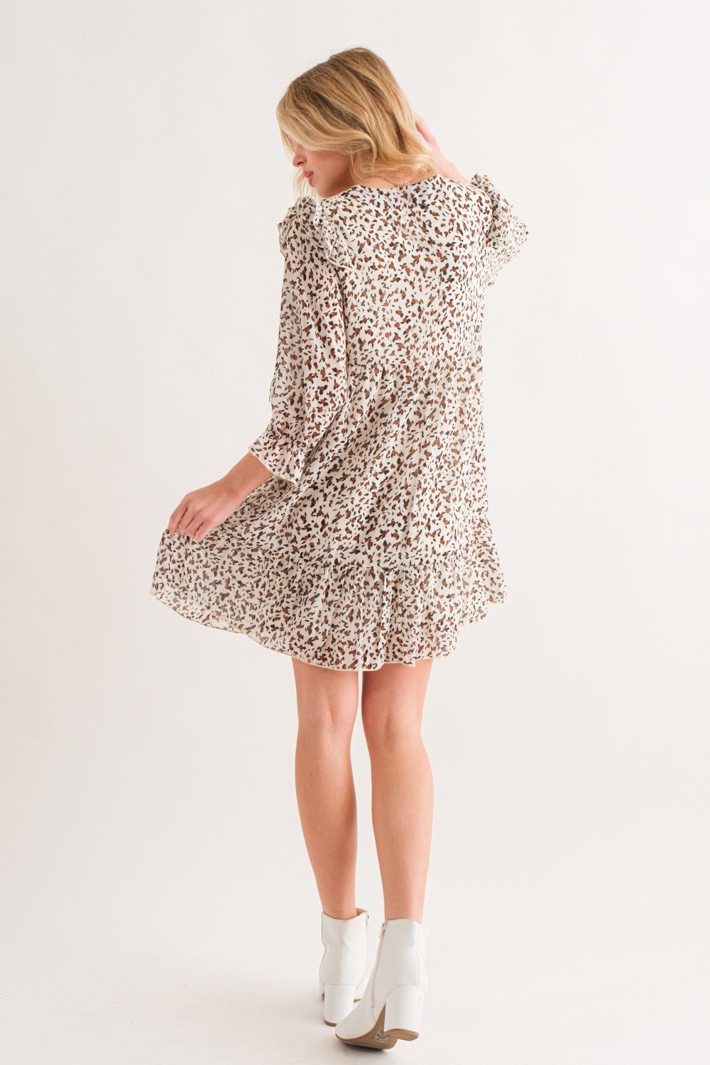 And the Why - Leopard Print Ruffle Hem Woven Mini Dress in Ivory