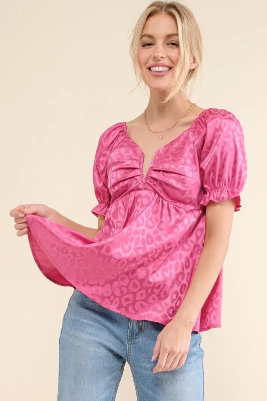 And the Why - Magenta Leopard Jacquard Babydoll Top